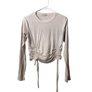 Sky and Sparrow white knit ribbed sweater ruched cinched sides drawstring top
